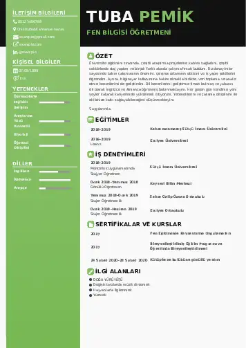Fen Bilgisi Öğretmeni CV Örnekleri cv indir